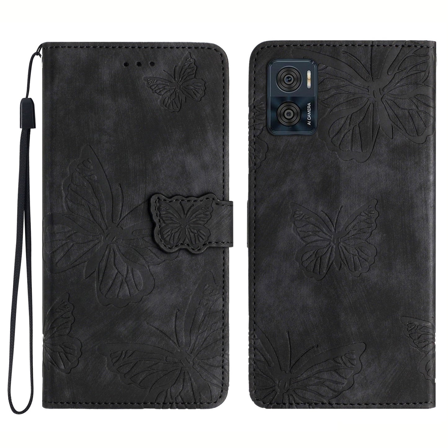 For Motorola Moto E22 4G Butterfly Imprinted Leather Phone Case Skin-touch Cover with Stand Wallet