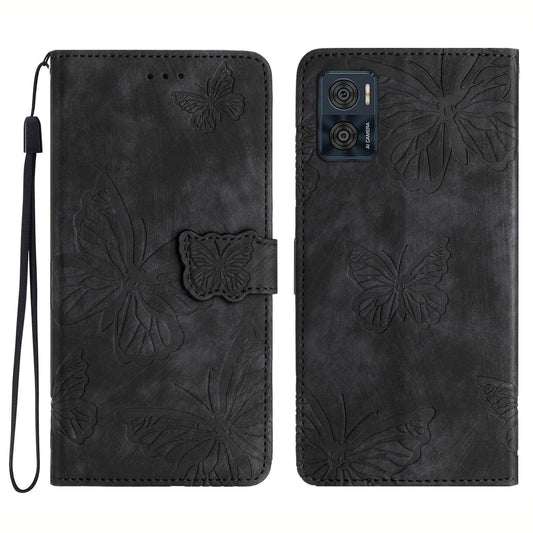 For Motorola Moto E22 4G Butterfly Imprinted Leather Phone Case Skin-touch Cover with Stand Wallet