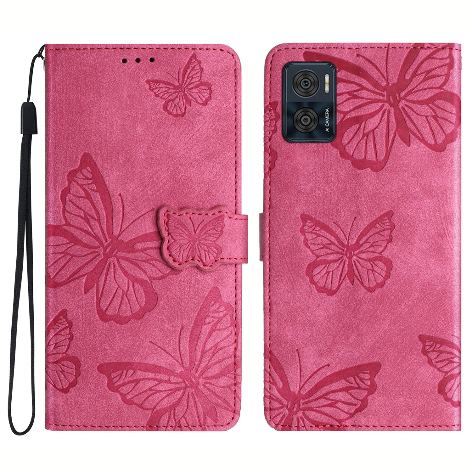For Motorola Moto E22 4G Butterfly Imprinted Leather Phone Case Skin-touch Cover with Stand Wallet