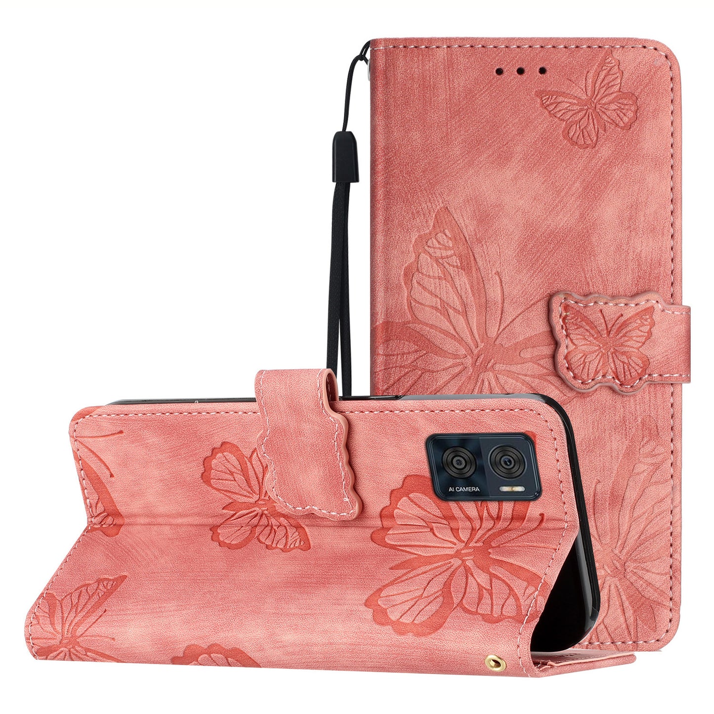 For Motorola Moto E22 4G Butterfly Imprinted Leather Phone Case Skin-touch Cover with Stand Wallet