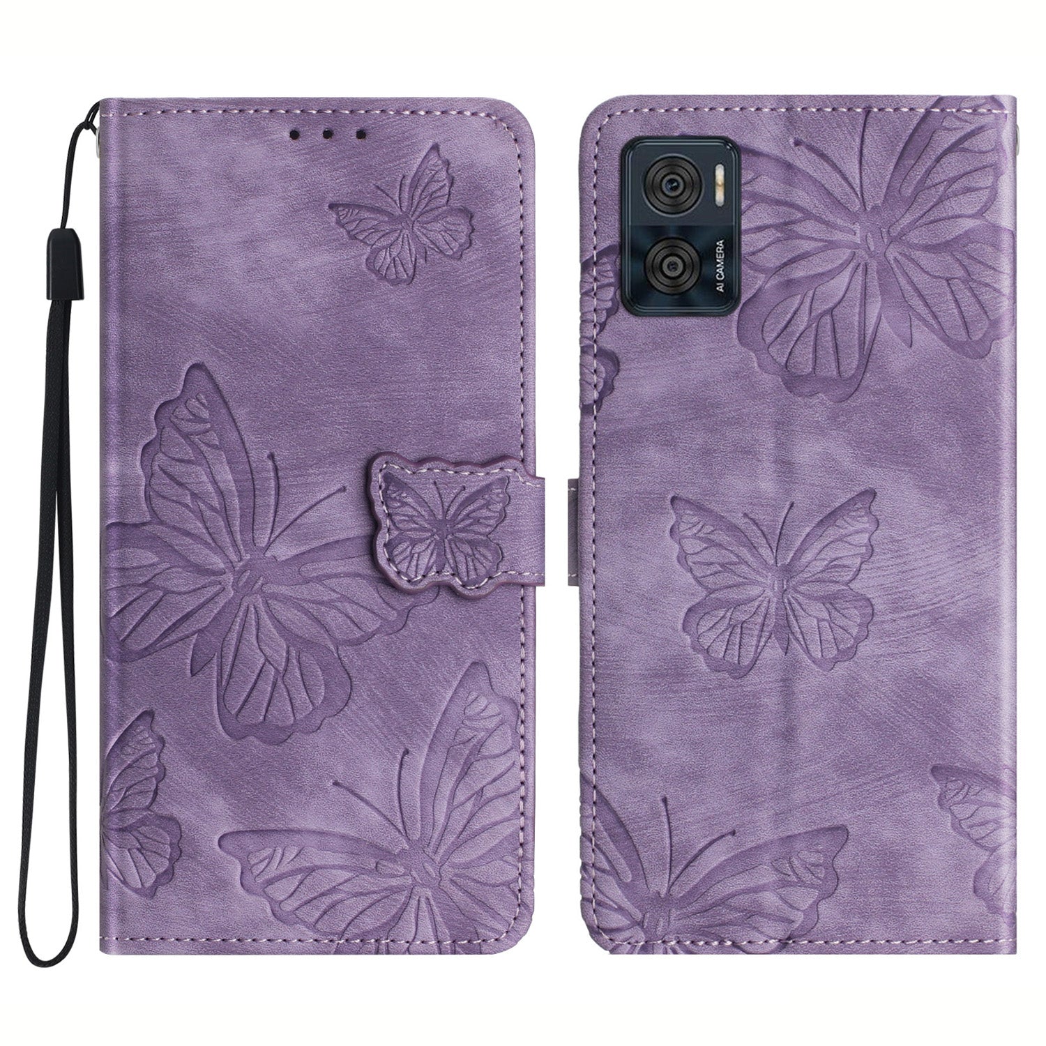 For Motorola Moto E22 4G Butterfly Imprinted Leather Phone Case Skin-touch Cover with Stand Wallet
