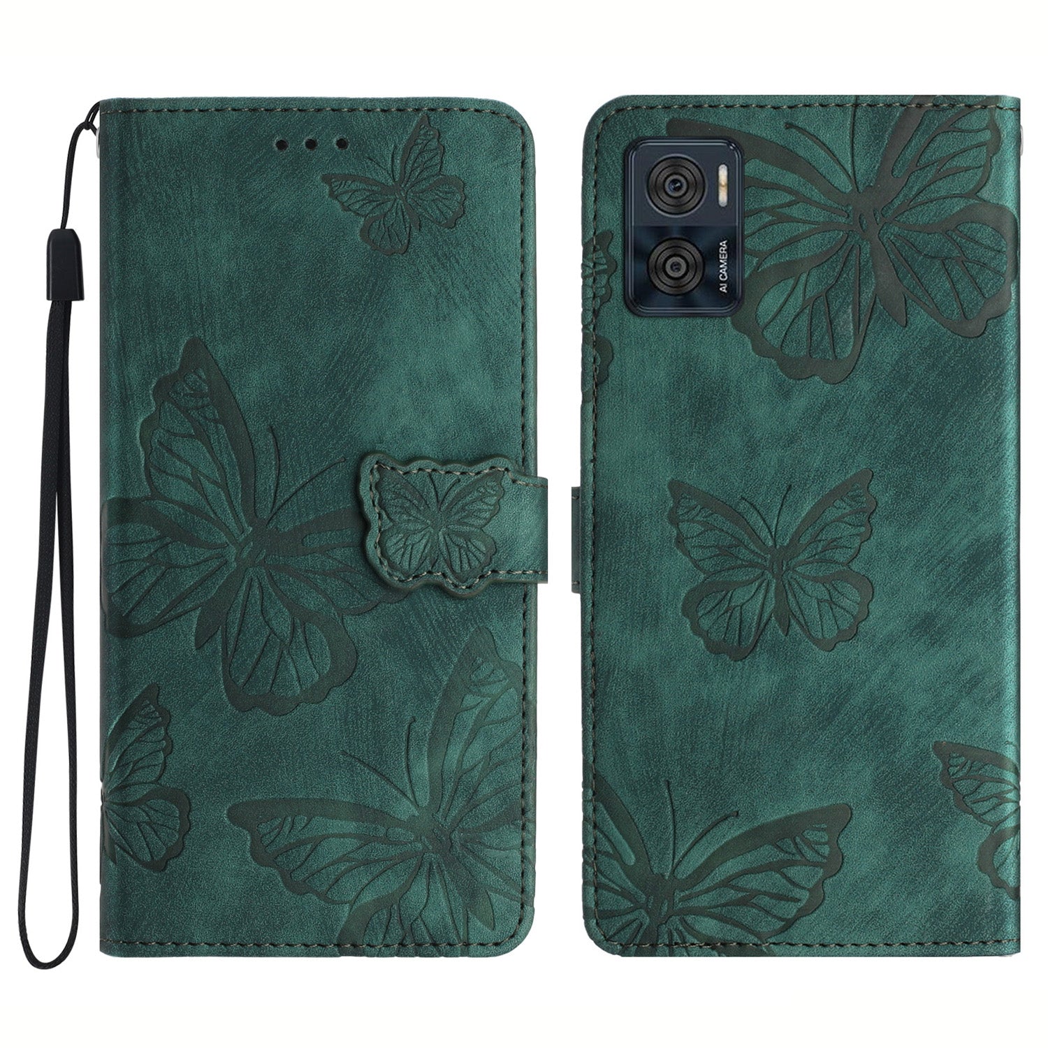For Motorola Moto E22 4G Butterfly Imprinted Leather Phone Case Skin-touch Cover with Stand Wallet