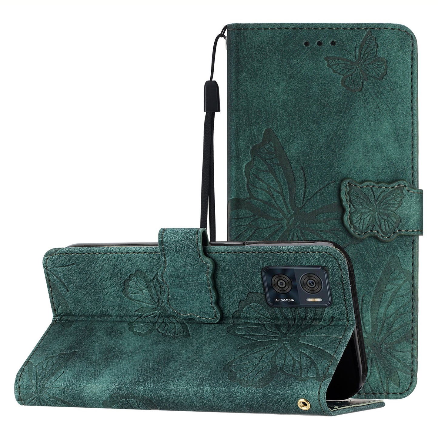 For Motorola Moto E22 4G Butterfly Imprinted Leather Phone Case Skin-touch Cover with Stand Wallet