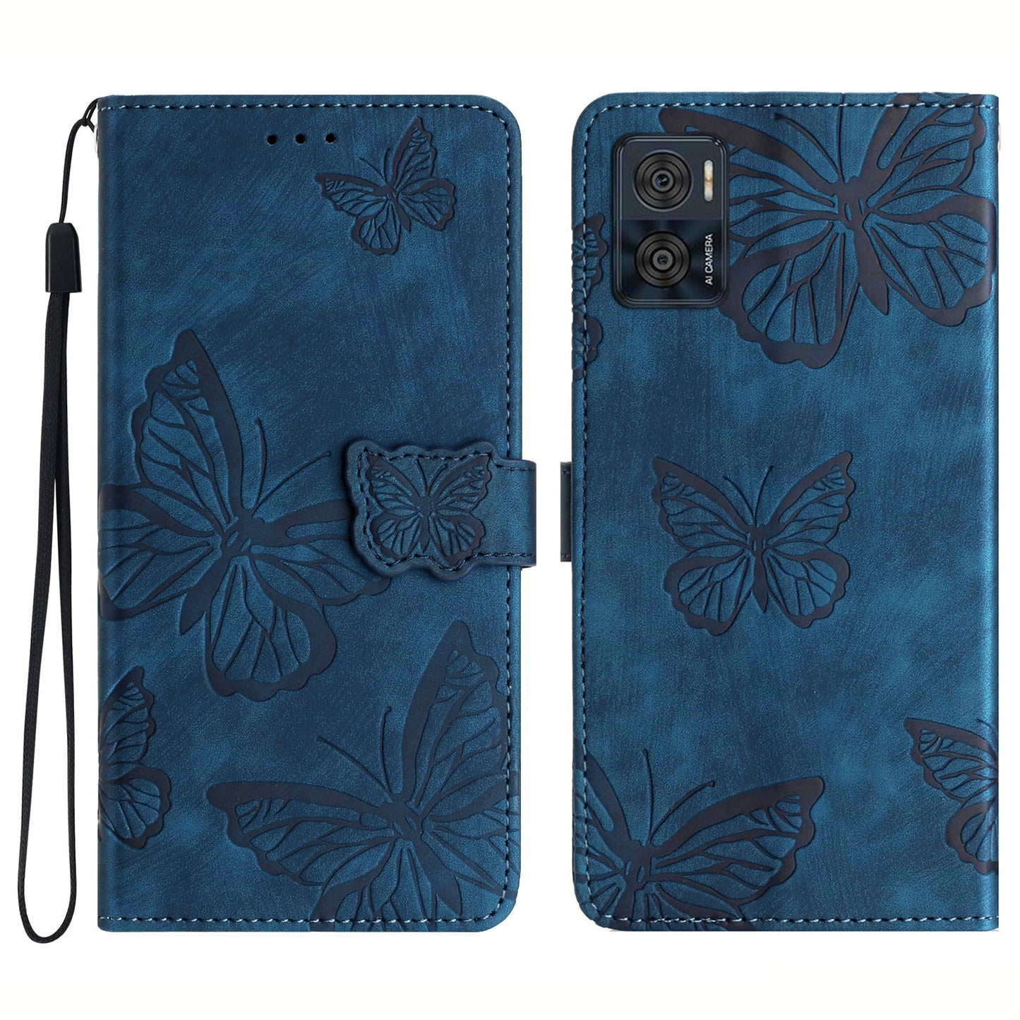 For Motorola Moto E22 4G Butterfly Imprinted Leather Phone Case Skin-touch Cover with Stand Wallet