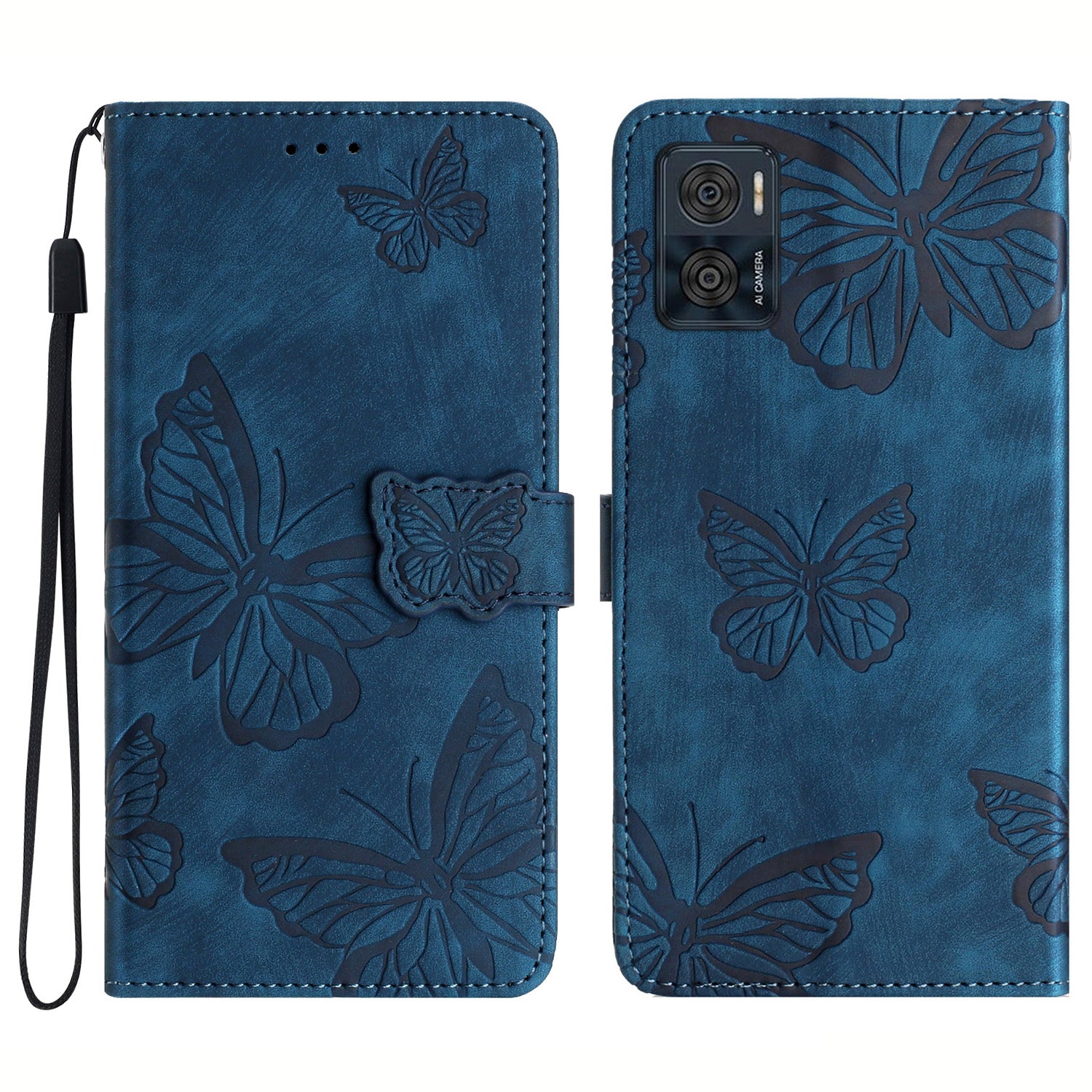 For Motorola Moto E22 4G Butterfly Imprinted Leather Phone Case Skin-touch Cover with Stand Wallet