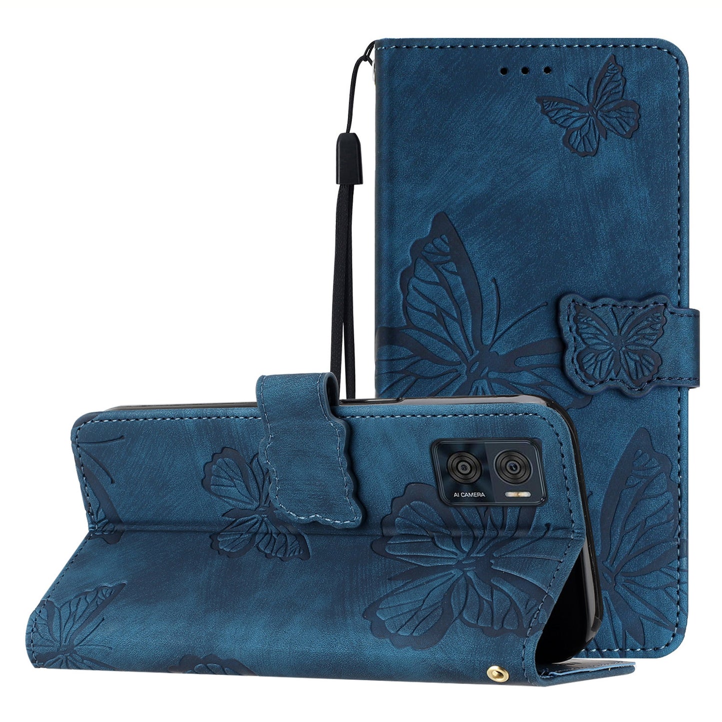 For Motorola Moto E22 4G Butterfly Imprinted Leather Phone Case Skin-touch Cover with Stand Wallet