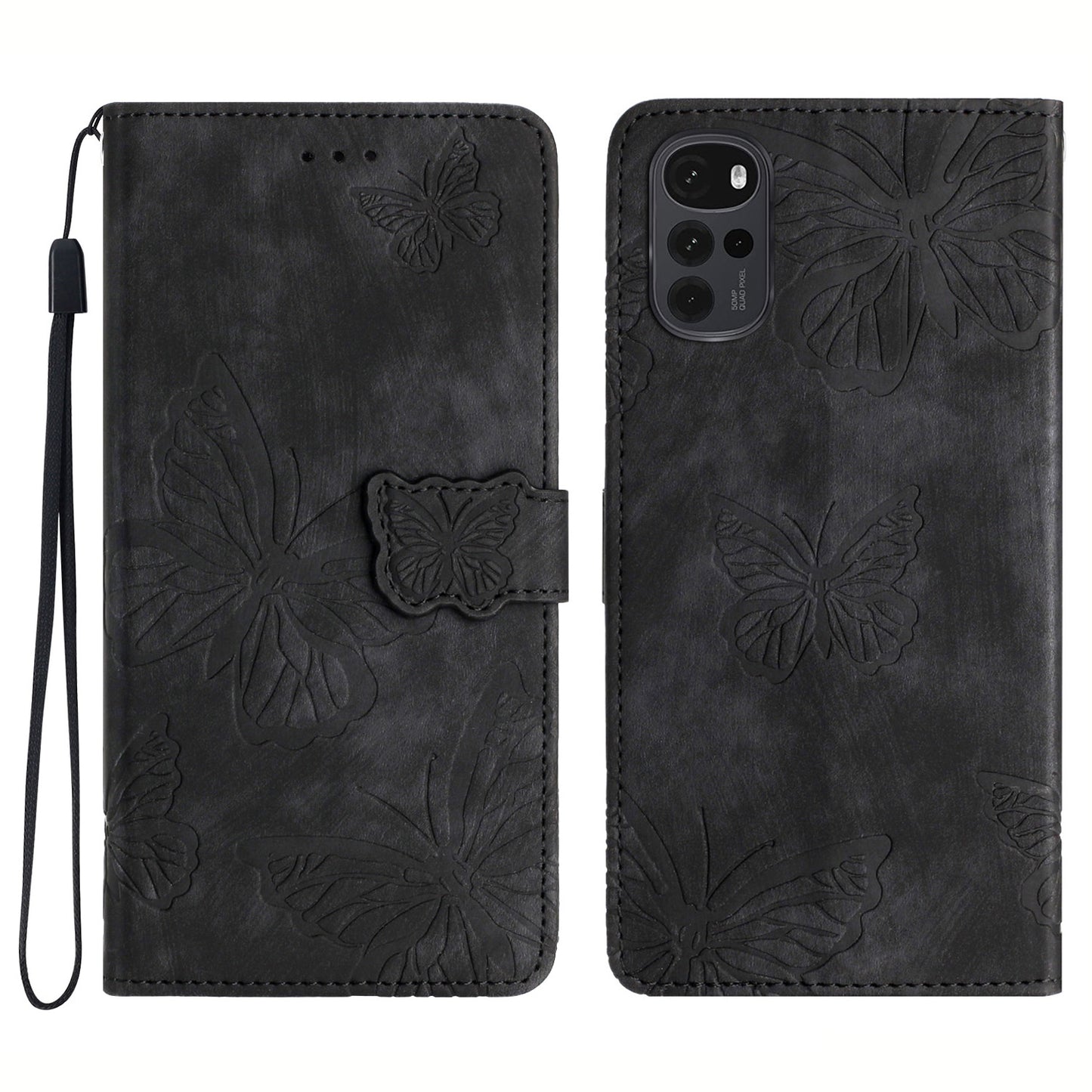 For Motorola Moto G22 Butterfly Imprinted Leather Flip Phone Case Wallet Stand Cover with Strap