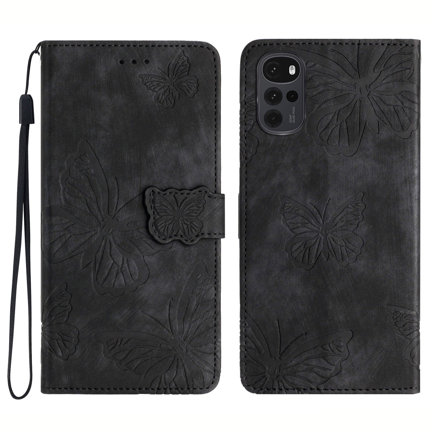 For Motorola Moto G22 Butterfly Imprinted Leather Flip Phone Case Wallet Stand Cover with Strap
