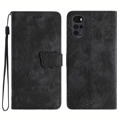 For Motorola Moto G22 Butterfly Imprinted Leather Flip Phone Case Wallet Stand Cover with Strap