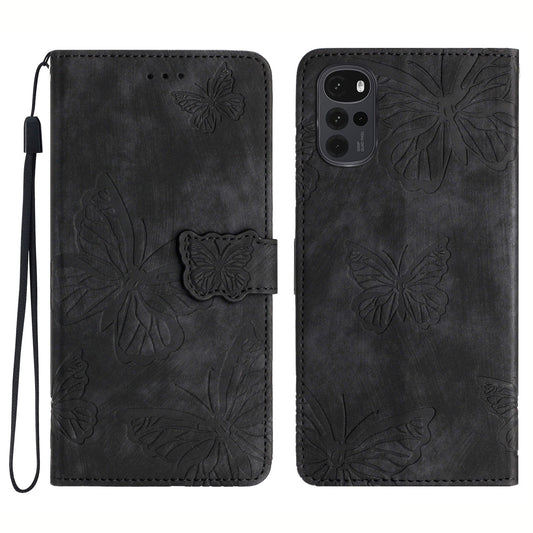 For Motorola Moto G22 Butterfly Imprinted Leather Flip Phone Case Wallet Stand Cover with Strap