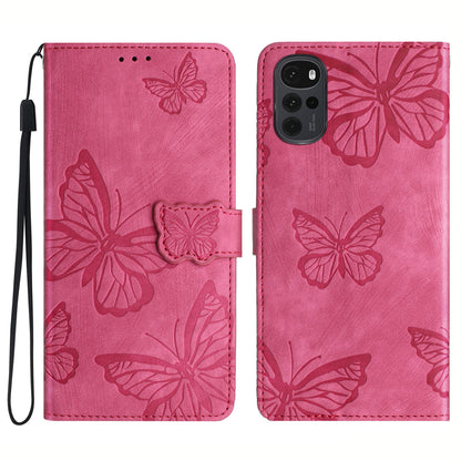 For Motorola Moto G22 Butterfly Imprinted Leather Flip Phone Case Wallet Stand Cover with Strap