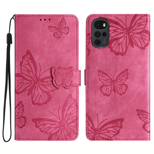 For Motorola Moto G22 Butterfly Imprinted Leather Flip Phone Case Wallet Stand Cover with Strap