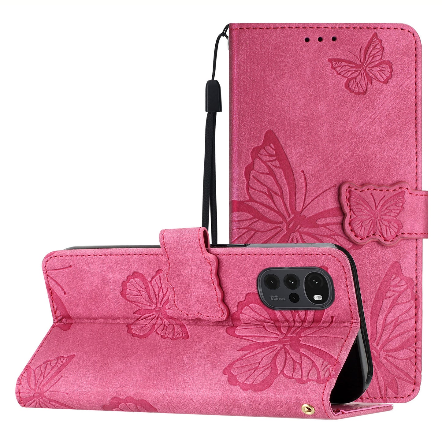 For Motorola Moto G22 Butterfly Imprinted Leather Flip Phone Case Wallet Stand Cover with Strap