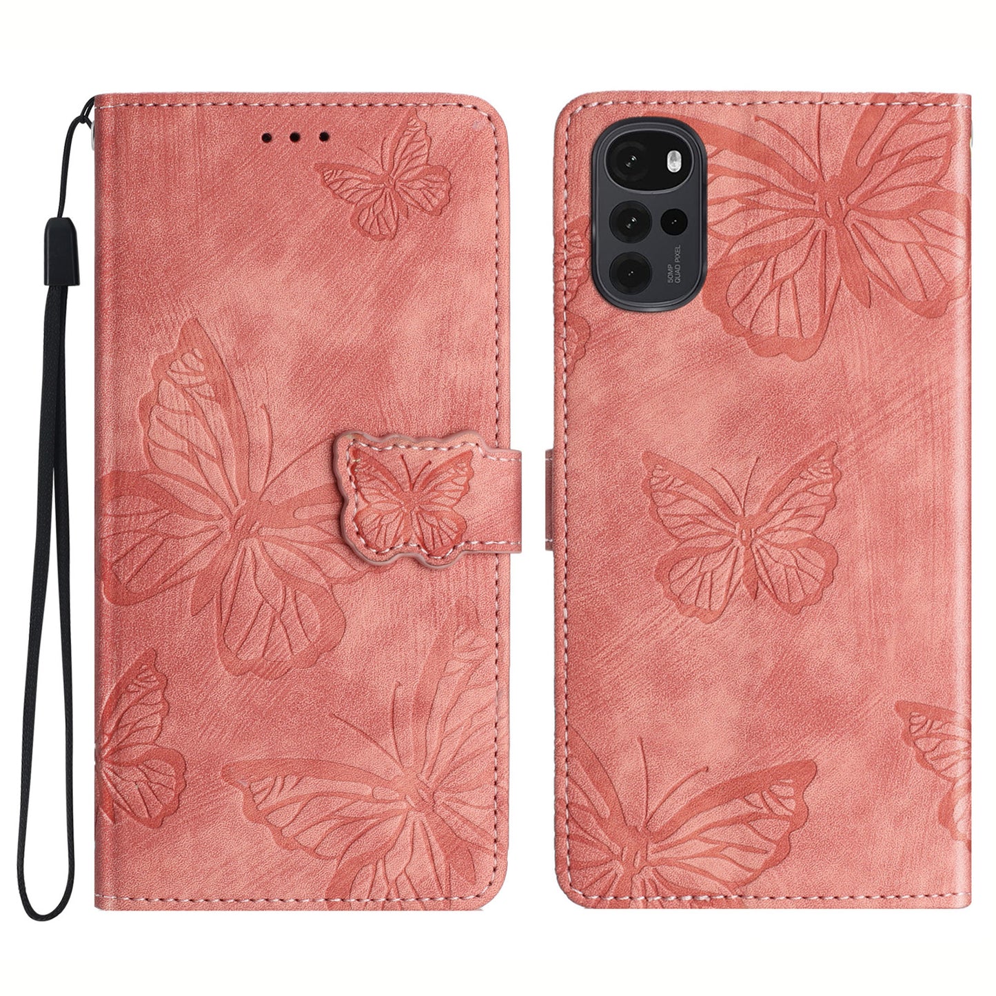 For Motorola Moto G22 Butterfly Imprinted Leather Flip Phone Case Wallet Stand Cover with Strap