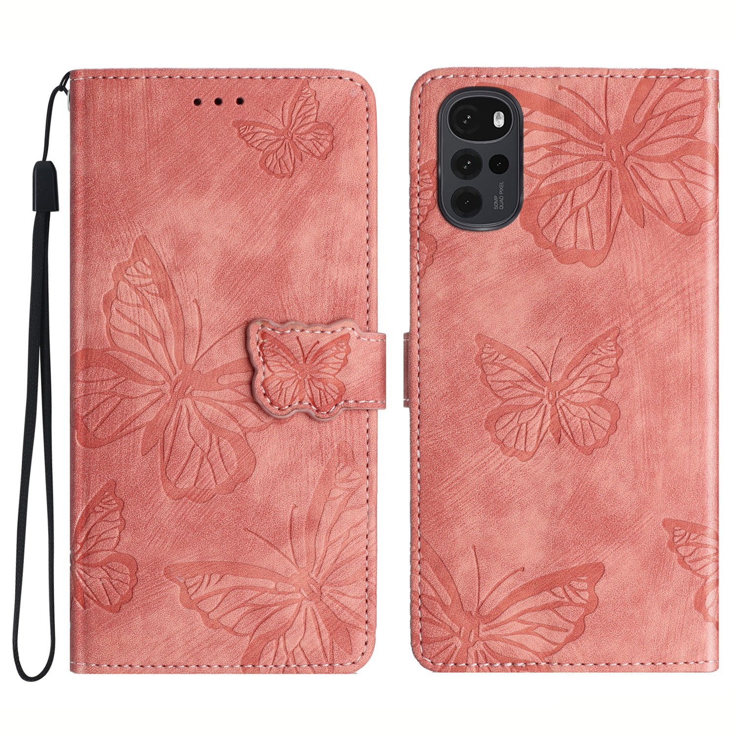 For Motorola Moto G22 Butterfly Imprinted Leather Flip Phone Case Wallet Stand Cover with Strap