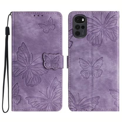 For Motorola Moto G22 Butterfly Imprinted Leather Flip Phone Case Wallet Stand Cover with Strap