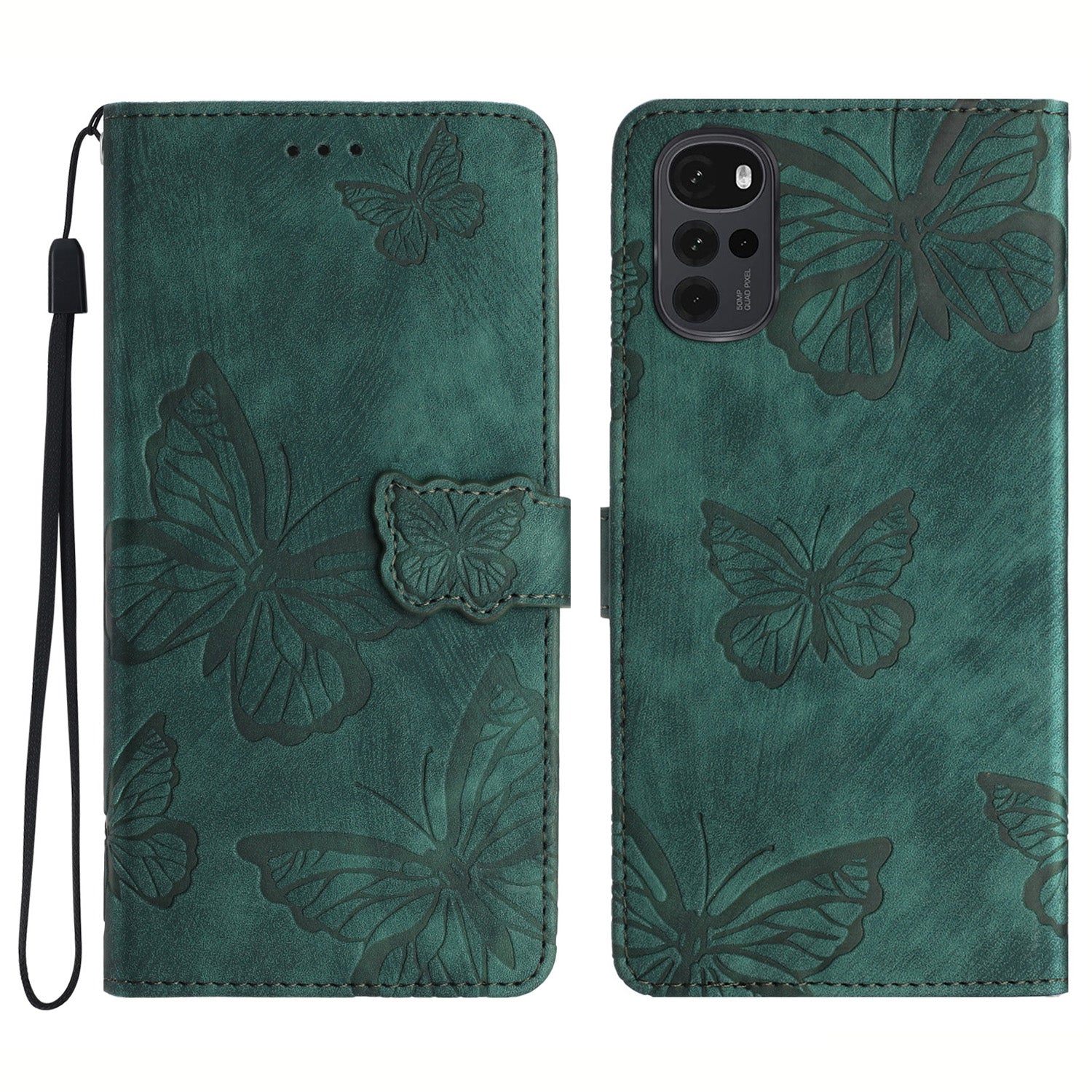For Motorola Moto G22 Butterfly Imprinted Leather Flip Phone Case Wallet Stand Cover with Strap