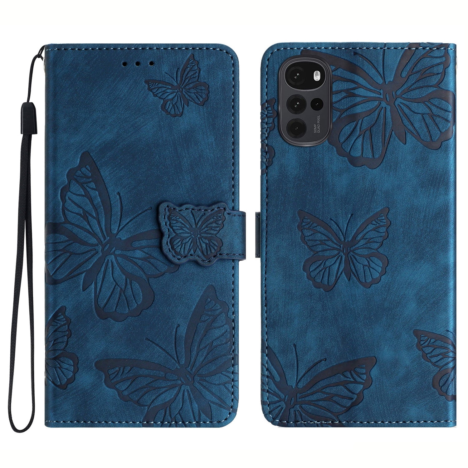 For Motorola Moto G22 Butterfly Imprinted Leather Flip Phone Case Wallet Stand Cover with Strap