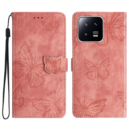 Skin-touch Phone Case for Xiaomi 13 5G , Stand Wallet Leather Butterfly Imprinted Phone Cover