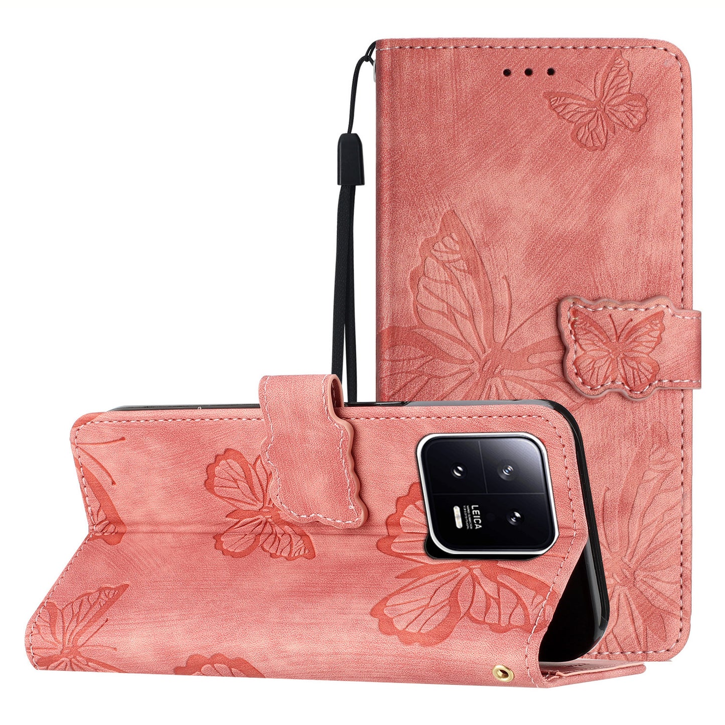 Skin-touch Phone Case for Xiaomi 13 5G , Stand Wallet Leather Butterfly Imprinted Phone Cover