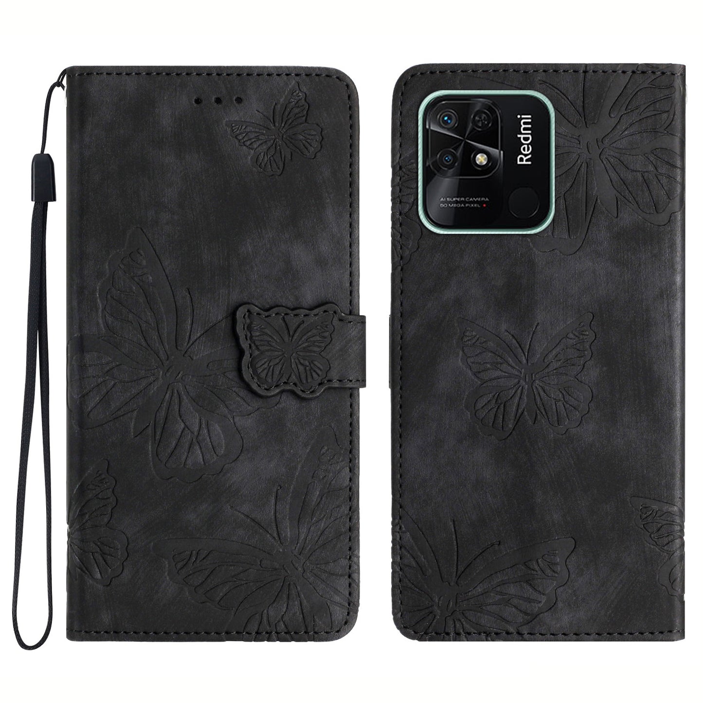 For Xiaomi Redmi 10C 4G Leather Stand Wallet Phone Cover Skin-touch Butterfly Imprinted Case