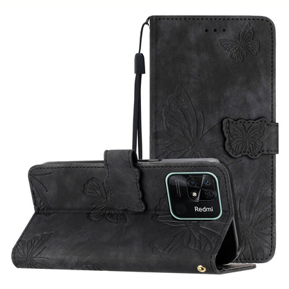 For Xiaomi Redmi 10C 4G Leather Stand Wallet Phone Cover Skin-touch Butterfly Imprinted Case
