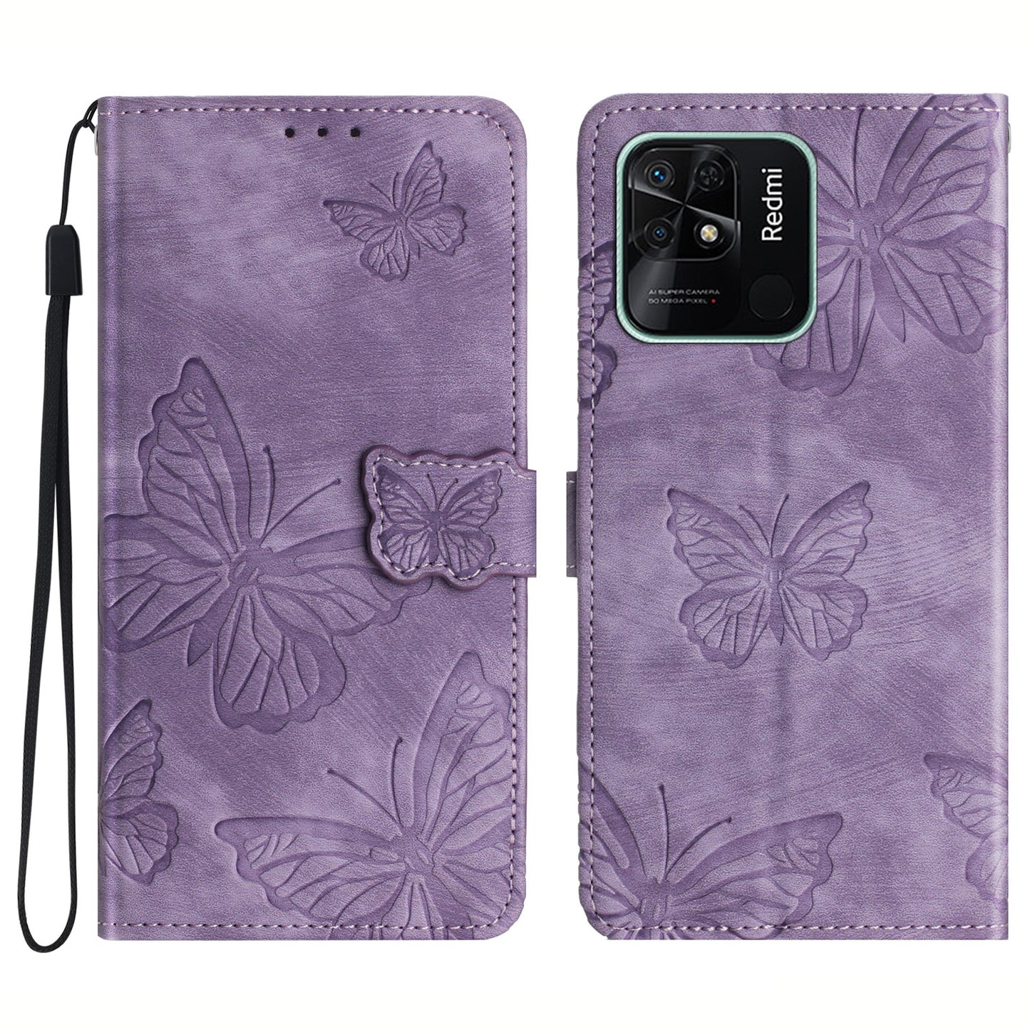 For Xiaomi Redmi 10C 4G Leather Stand Wallet Phone Cover Skin-touch Butterfly Imprinted Case