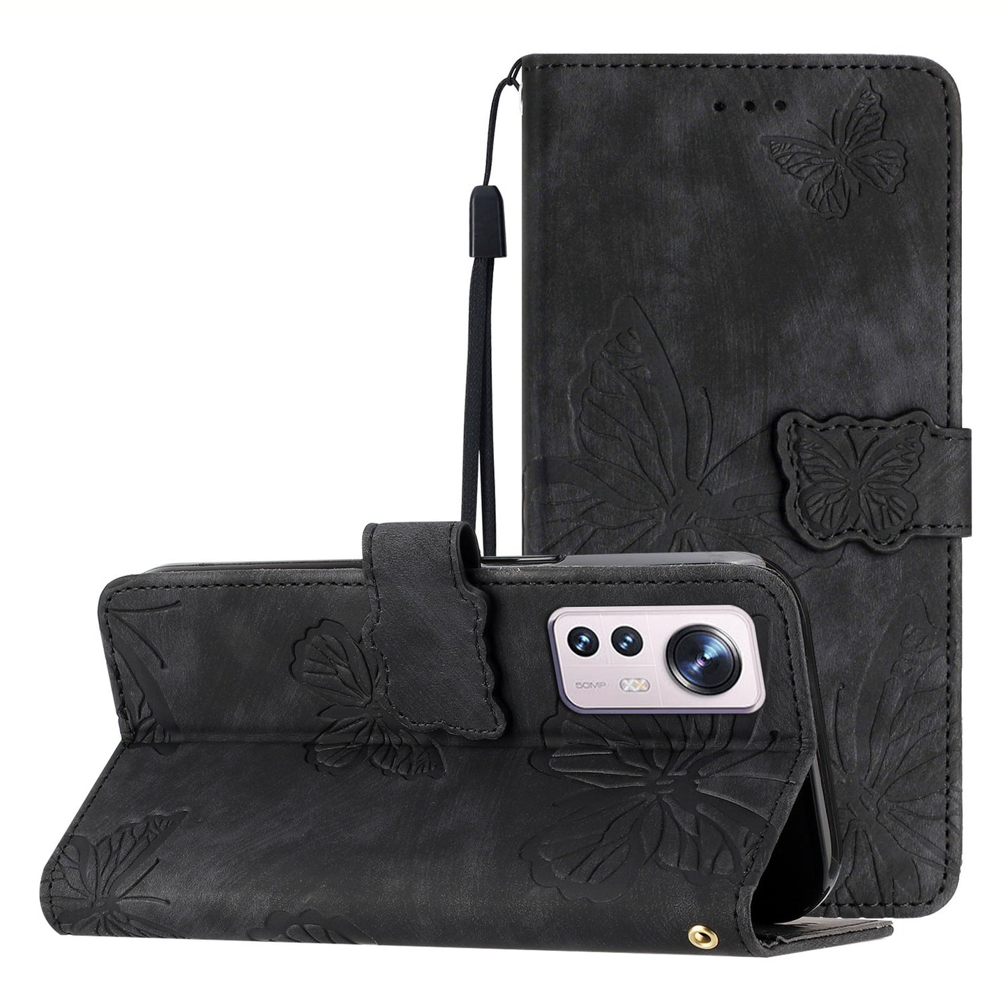 For Xiaomi 12 Pro 5G / 12S Pro 5G / 12 Pro (Dimensity) 5G Stand Phone Case PU Leather Butterfly Imprinted Wallet Cover