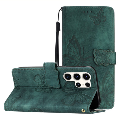 For Samsung Galaxy S23 Ultra Skin-touch Phone Leather Case Butterfly Imprinted Cover with Stand Wallet