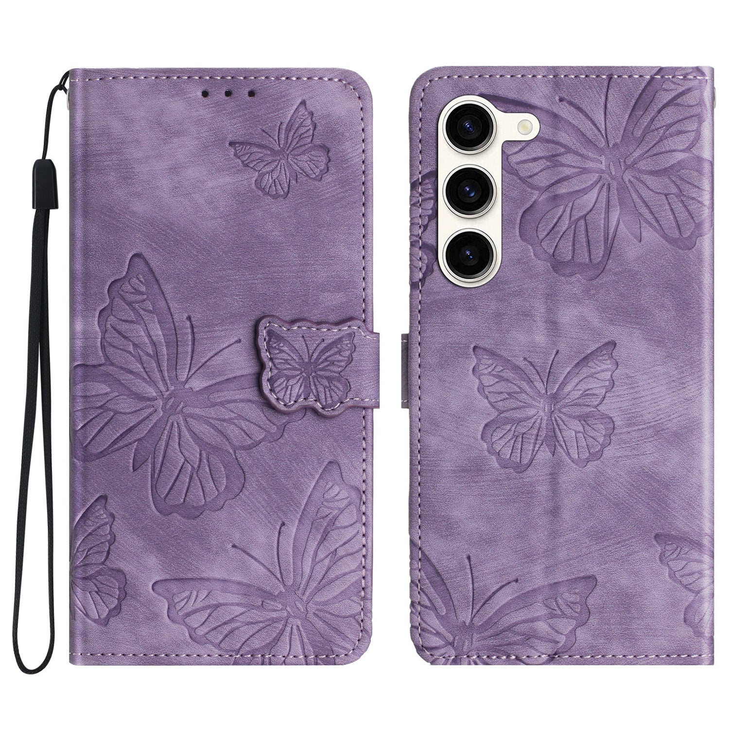 For Samsung Galaxy S23+ PU Leather Stand Cover Butterfly Imprinted Skin-touch Wallet Phone Case