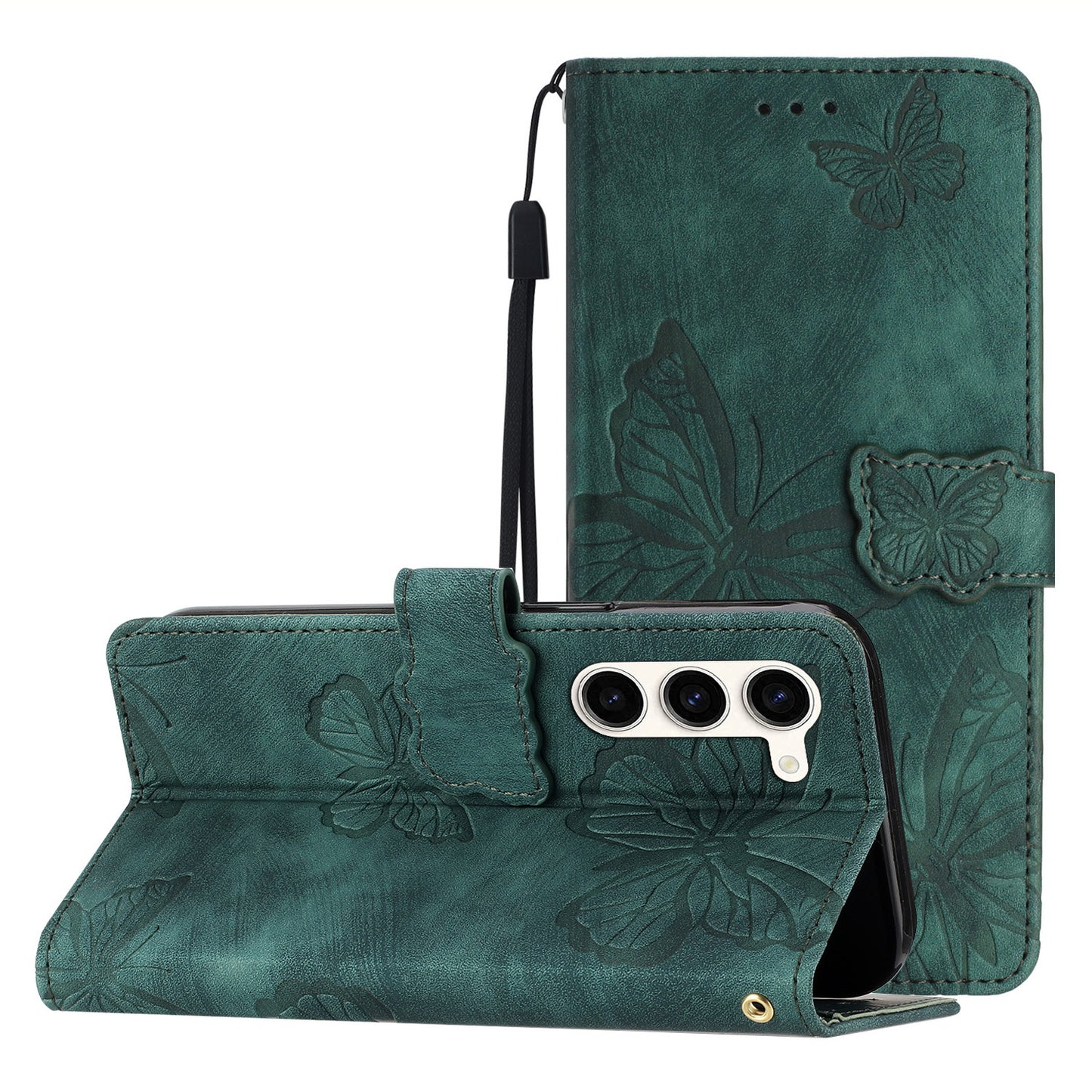 For Samsung Galaxy S23+ PU Leather Stand Cover Butterfly Imprinted Skin-touch Wallet Phone Case