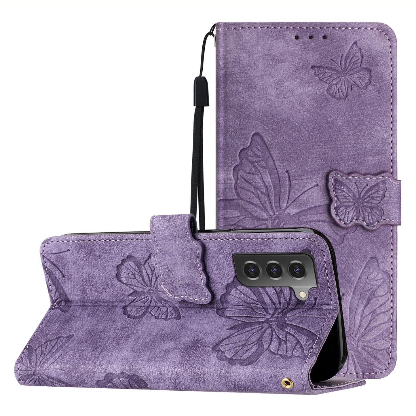 For Samsung Galaxy S22 5G Wallet Phone Case Skin-Touch Leather Cover Butterfly Imprinted Stand Phone Shell