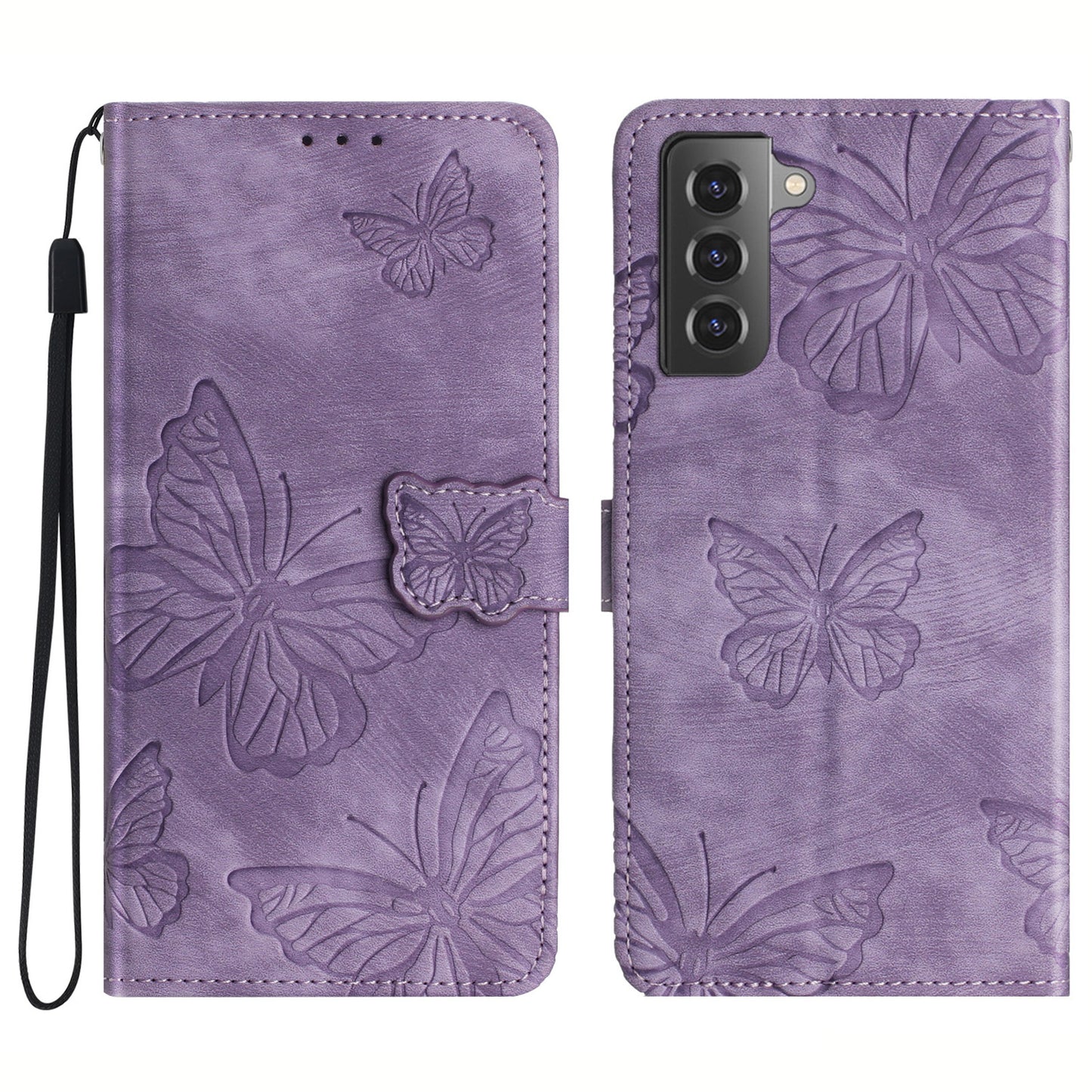For Samsung Galaxy S22+ 5G Skin-Touch Phone Case Butterfly Imprinted Leather Phone Cover with Wallet