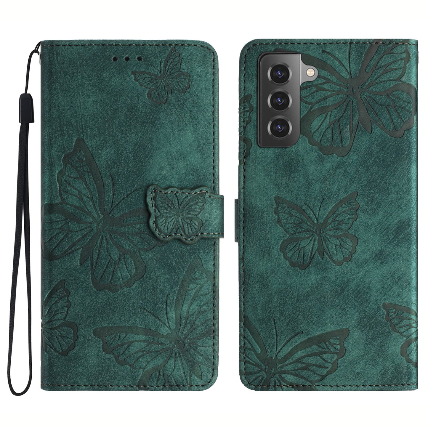 For Samsung Galaxy S22+ 5G Skin-Touch Phone Case Butterfly Imprinted Leather Phone Cover with Wallet