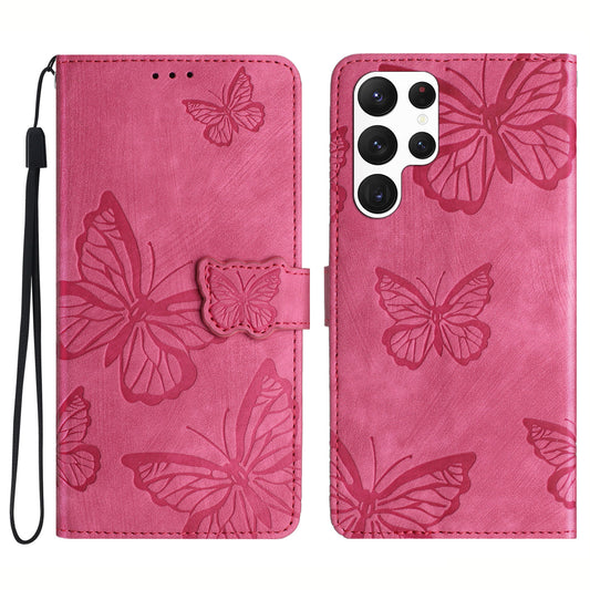 For Samsung Galaxy S22 Ultra 5G Shockproof Case Butterfly Imprinted Leather Wallet Case Skin-Touch Phone Cover