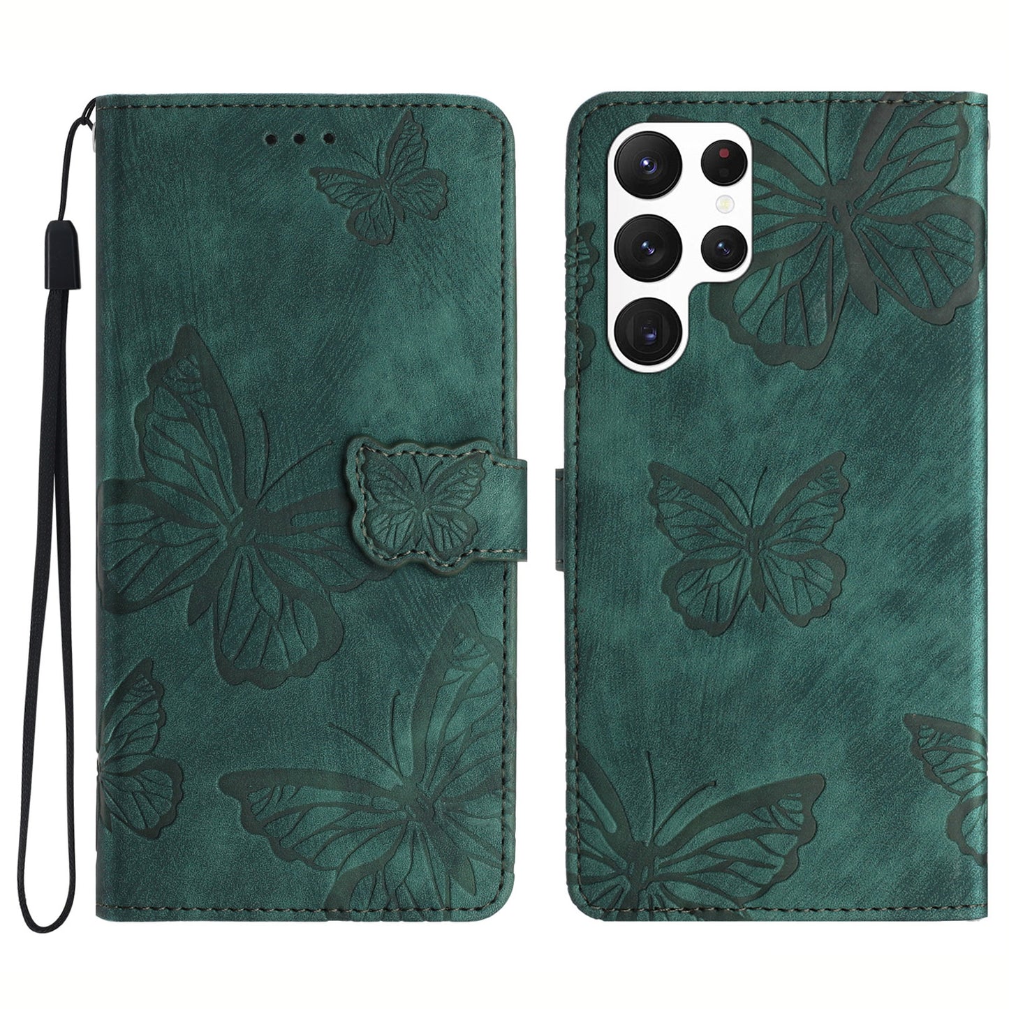 For Samsung Galaxy S22 Ultra 5G Shockproof Case Butterfly Imprinted Leather Wallet Case Skin-Touch Phone Cover