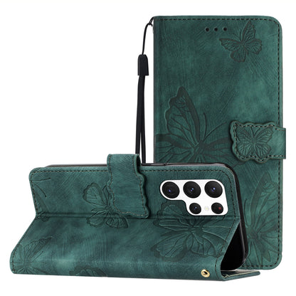 For Samsung Galaxy S22 Ultra 5G Shockproof Case Butterfly Imprinted Leather Wallet Case Skin-Touch Phone Cover