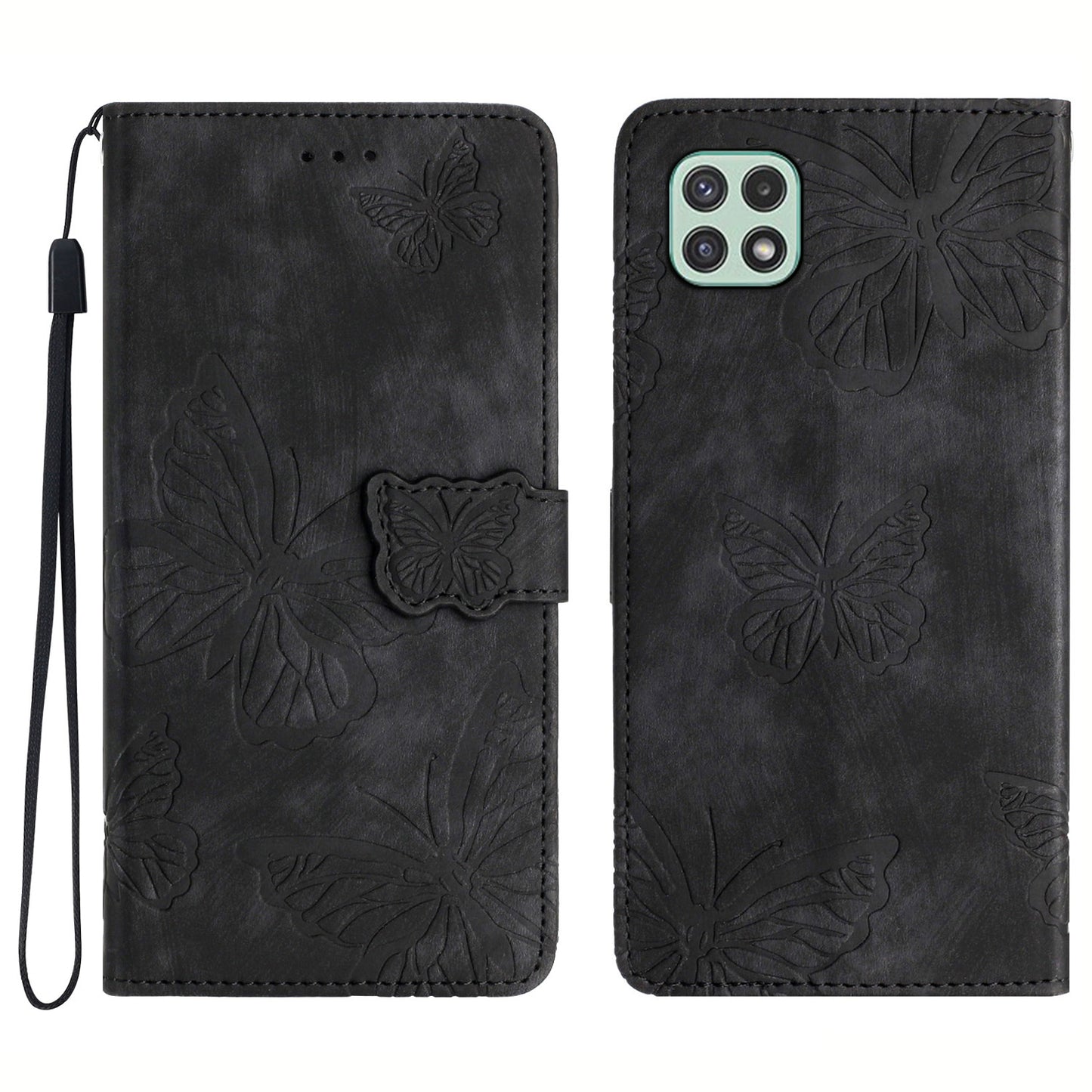 Butterfly Imprinted Shell for Samsung Galaxy A22 5G (EU Version) Stand PU Leather Wallet Skin-touch Phone Cover