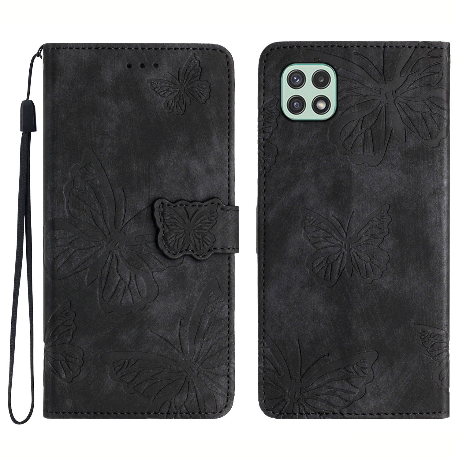 Butterfly Imprinted Shell for Samsung Galaxy A22 5G (EU Version) Stand PU Leather Wallet Skin-touch Phone Cover