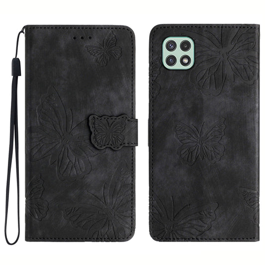 Butterfly Imprinted Shell for Samsung Galaxy A22 5G (EU Version) Stand PU Leather Wallet Skin-touch Phone Cover