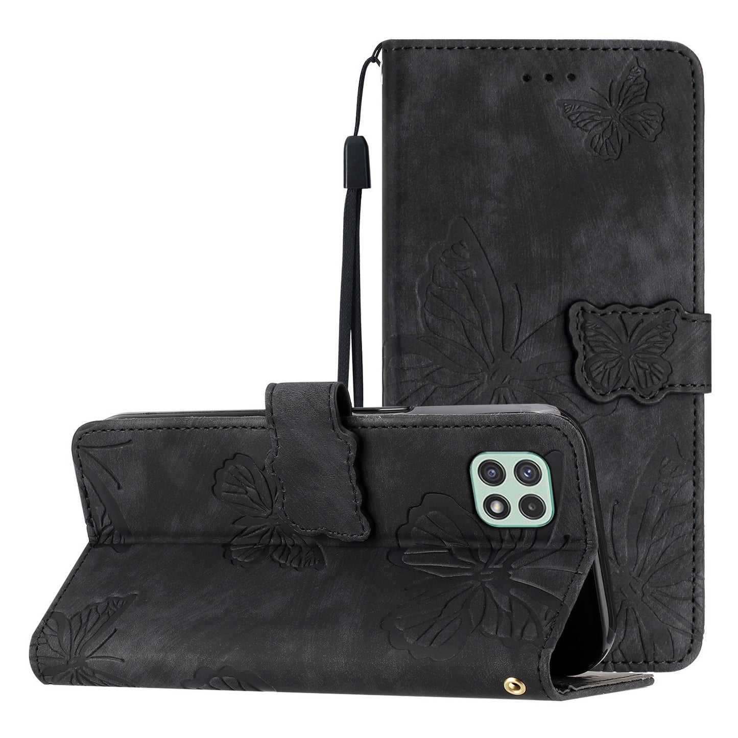 Butterfly Imprinted Shell for Samsung Galaxy A22 5G (EU Version) Stand PU Leather Wallet Skin-touch Phone Cover