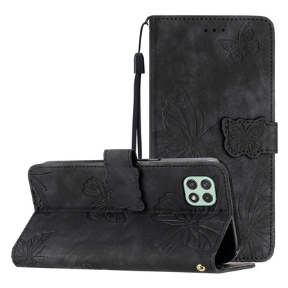 Butterfly Imprinted Shell for Samsung Galaxy A22 5G (EU Version) Stand PU Leather Wallet Skin-touch Phone Cover