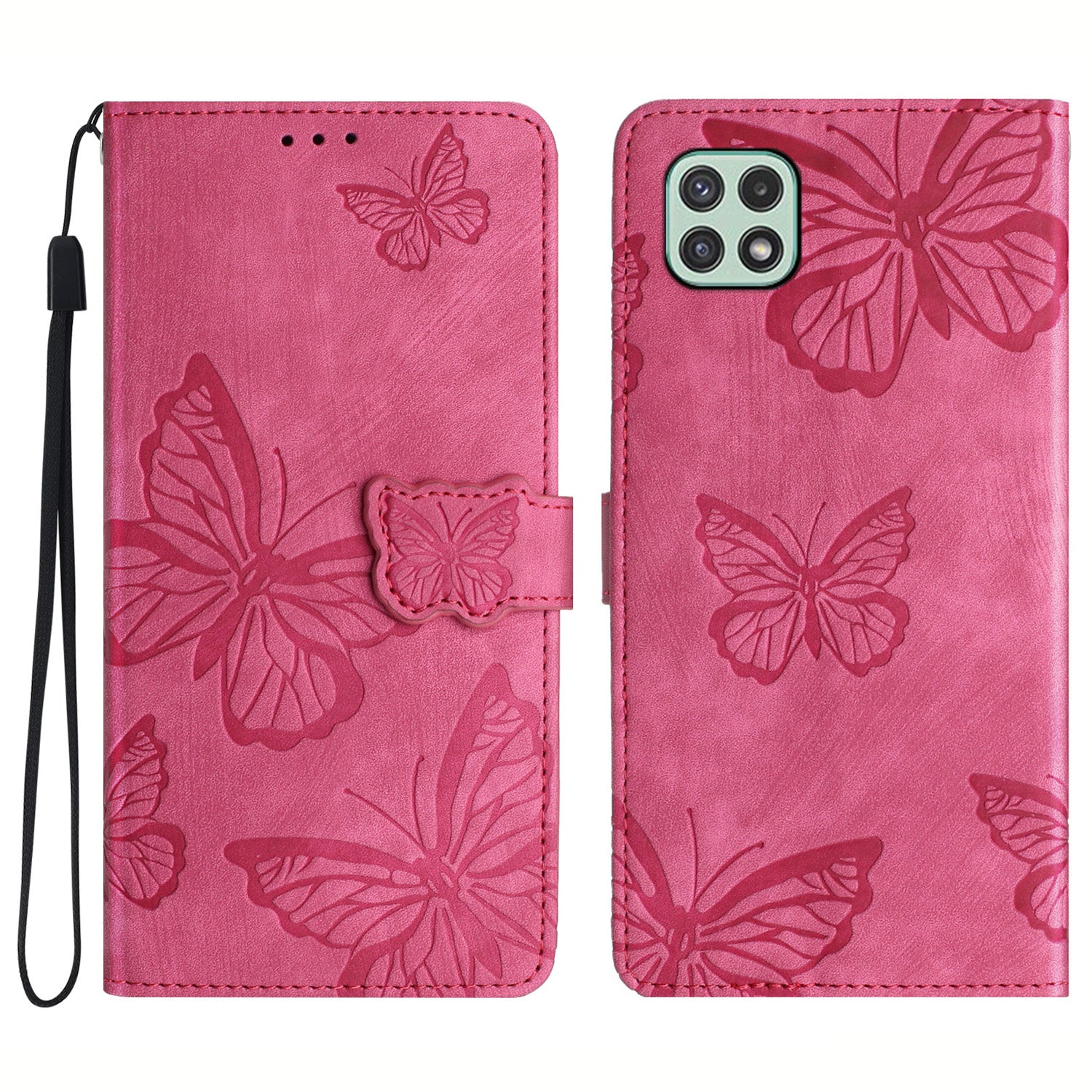 Butterfly Imprinted Shell for Samsung Galaxy A22 5G (EU Version) Stand PU Leather Wallet Skin-touch Phone Cover