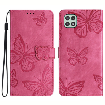 Butterfly Imprinted Shell for Samsung Galaxy A22 5G (EU Version) Stand PU Leather Wallet Skin-touch Phone Cover