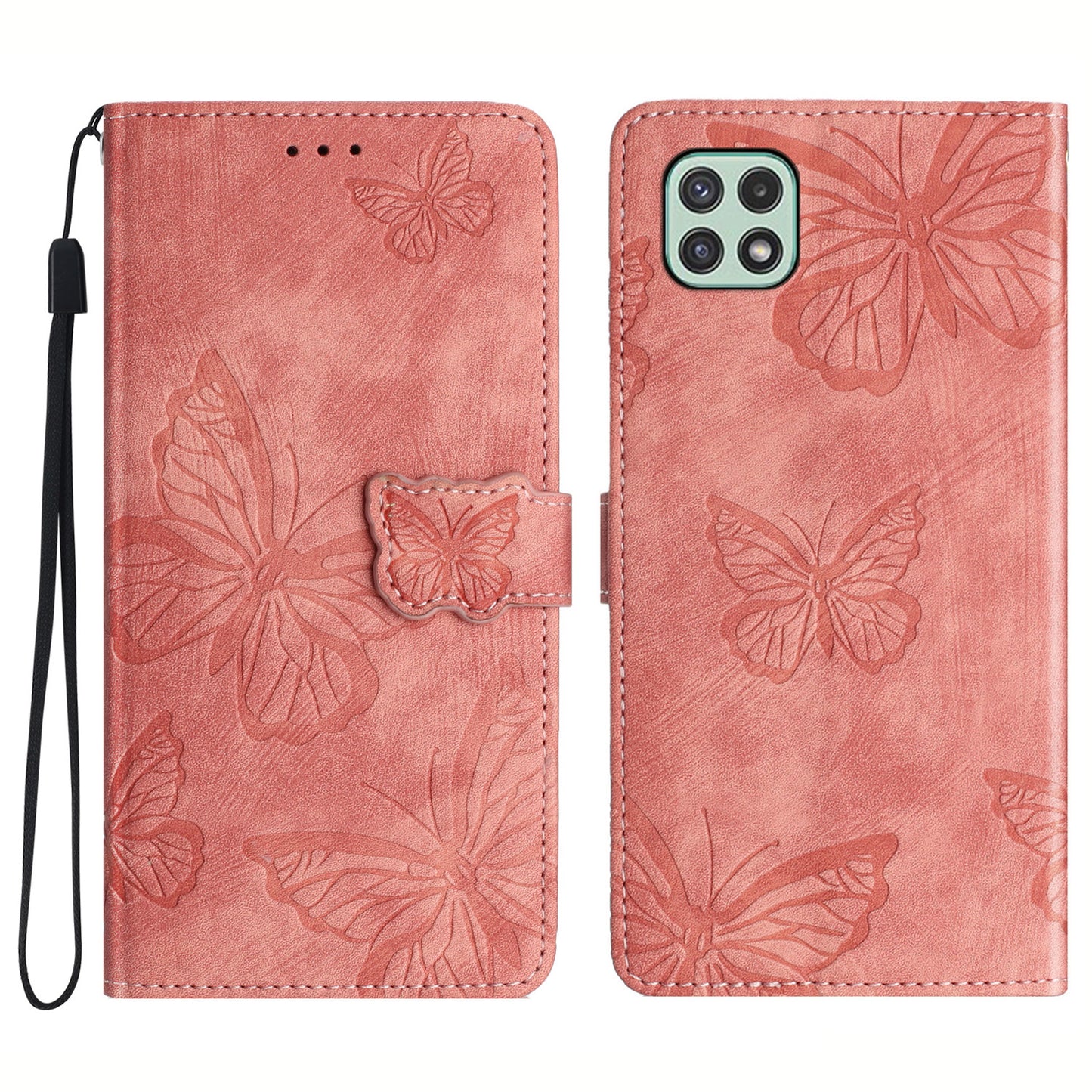 Butterfly Imprinted Shell for Samsung Galaxy A22 5G (EU Version) Stand PU Leather Wallet Skin-touch Phone Cover