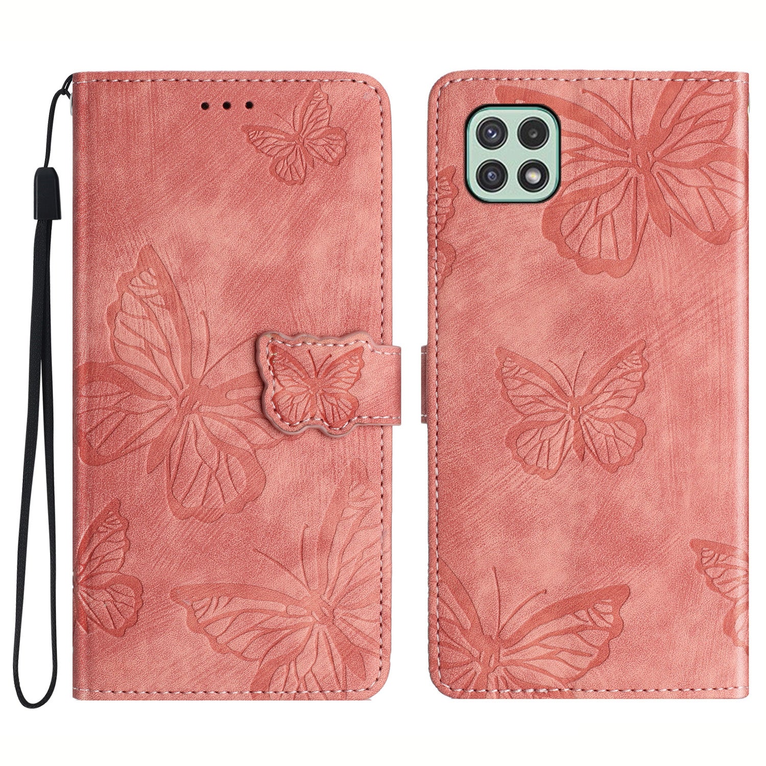 Butterfly Imprinted Shell for Samsung Galaxy A22 5G (EU Version) Stand PU Leather Wallet Skin-touch Phone Cover