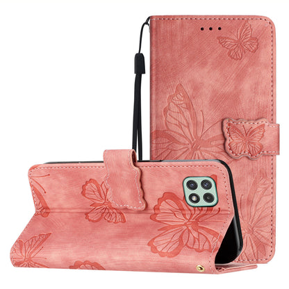 Butterfly Imprinted Shell for Samsung Galaxy A22 5G (EU Version) Stand PU Leather Wallet Skin-touch Phone Cover