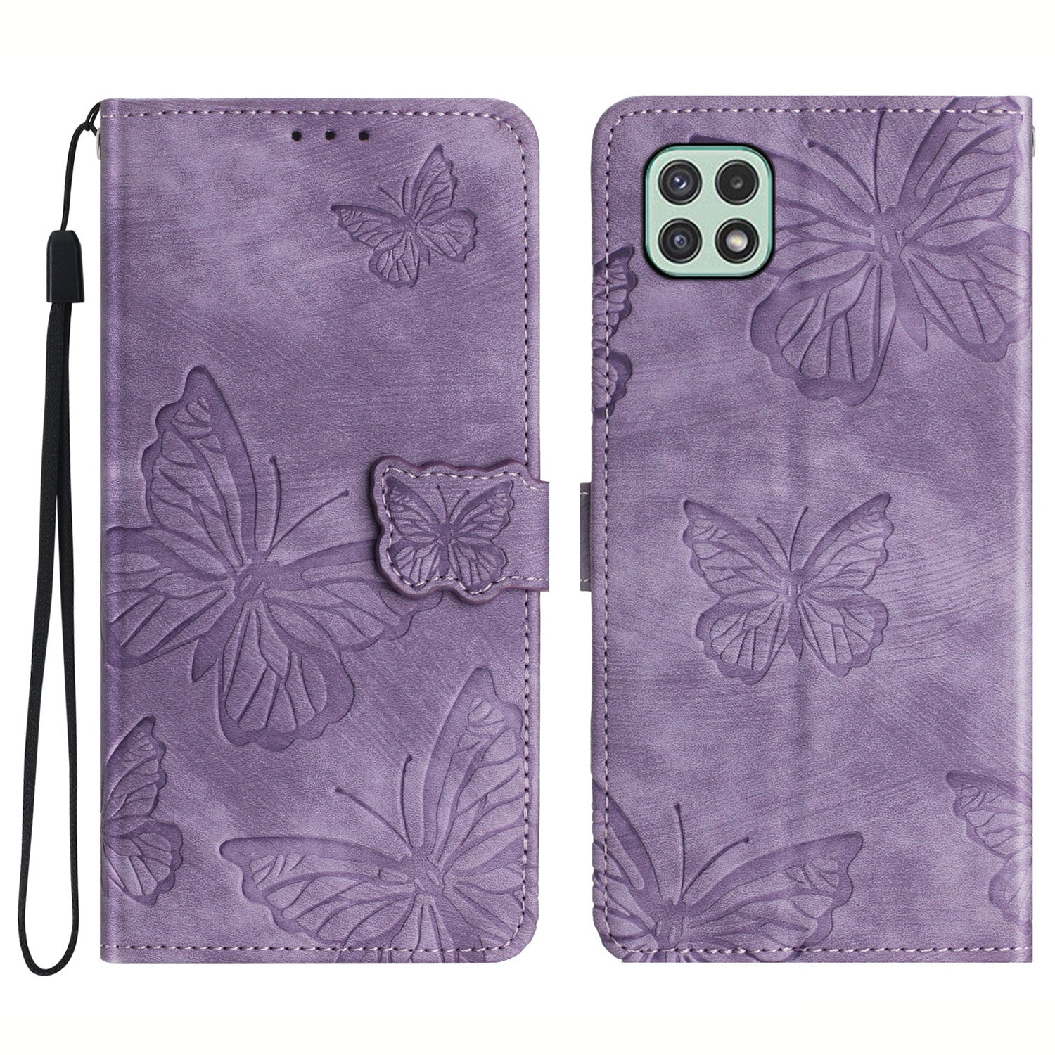 Butterfly Imprinted Shell for Samsung Galaxy A22 5G (EU Version) Stand PU Leather Wallet Skin-touch Phone Cover