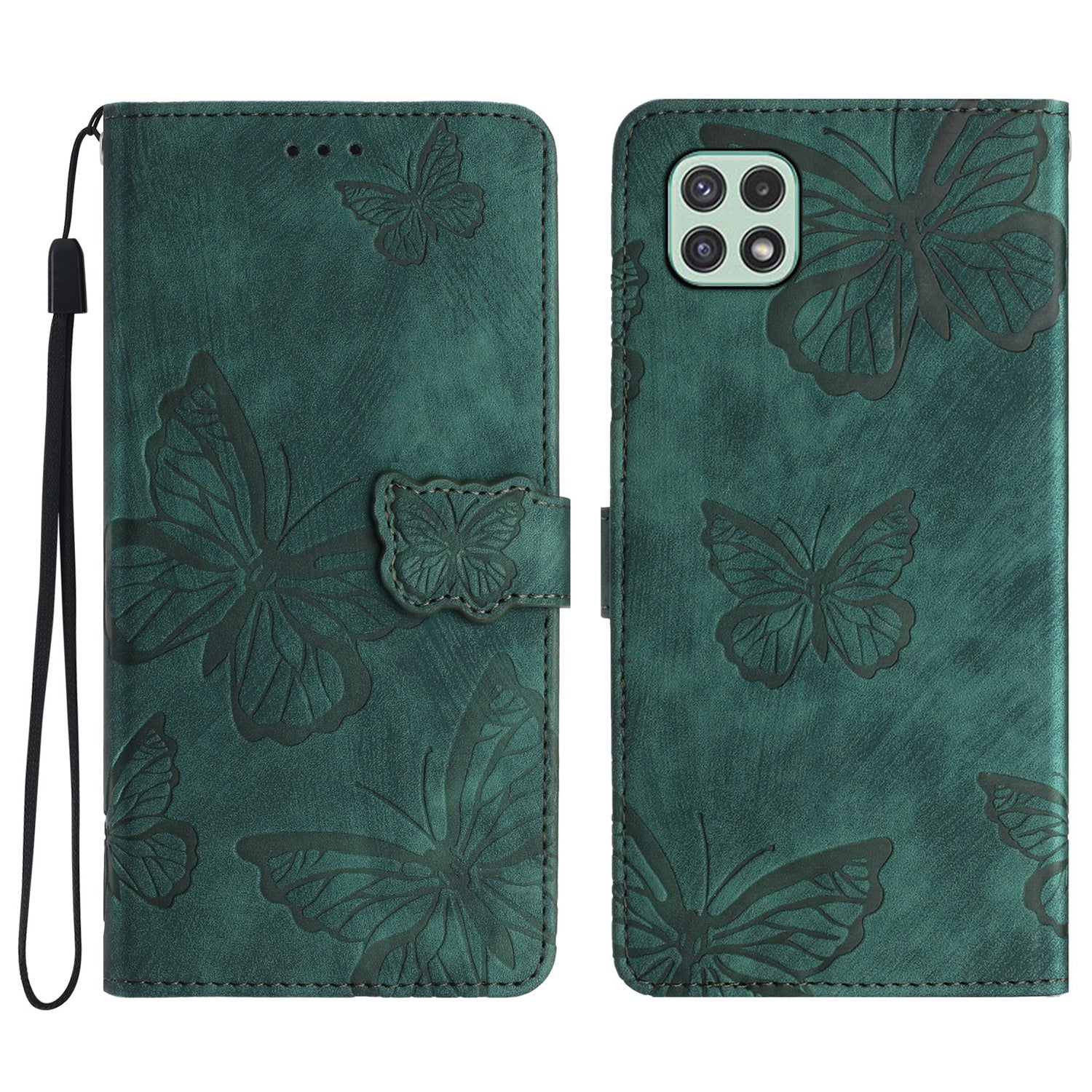 Butterfly Imprinted Shell for Samsung Galaxy A22 5G (EU Version) Stand PU Leather Wallet Skin-touch Phone Cover