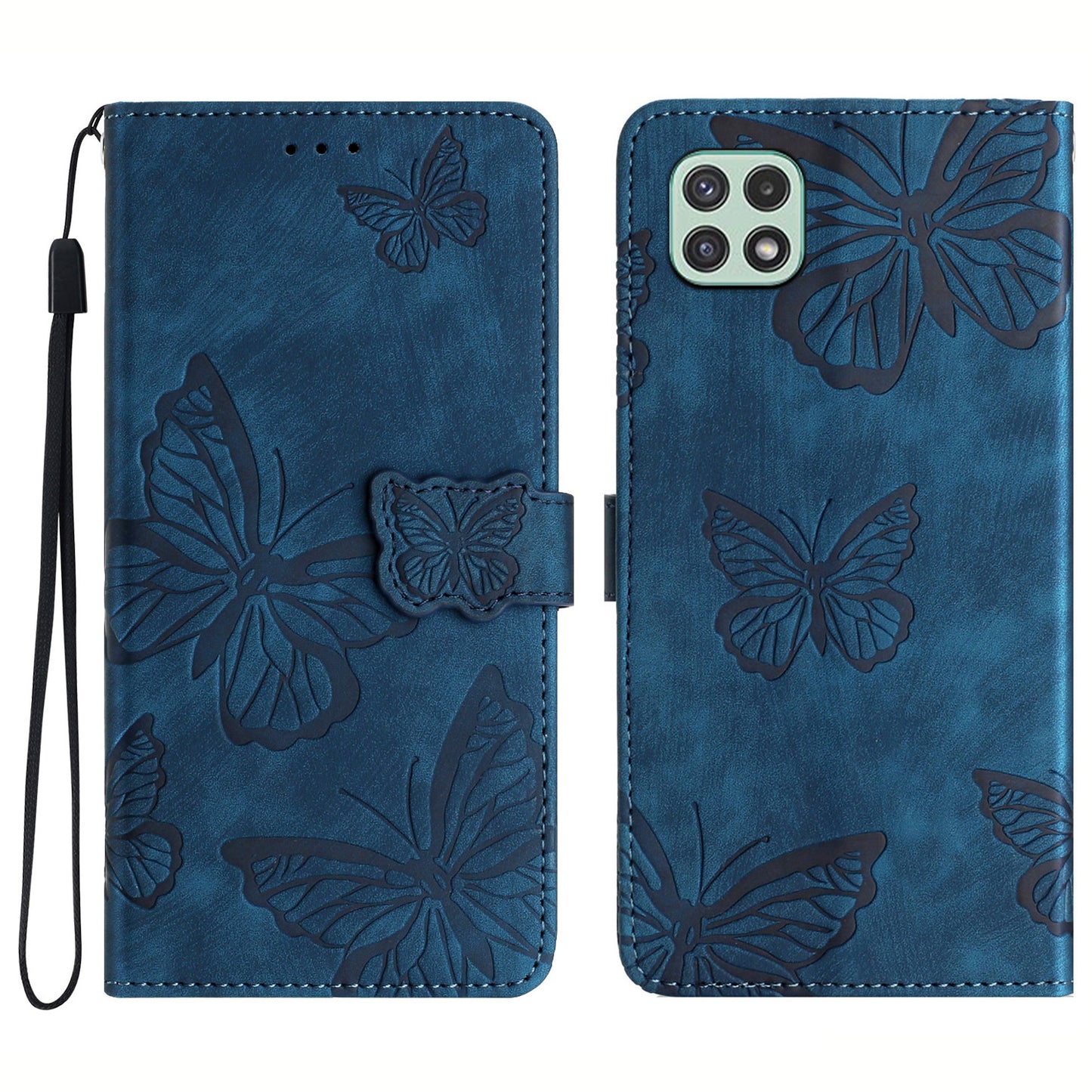 Butterfly Imprinted Shell for Samsung Galaxy A22 5G (EU Version) Stand PU Leather Wallet Skin-touch Phone Cover